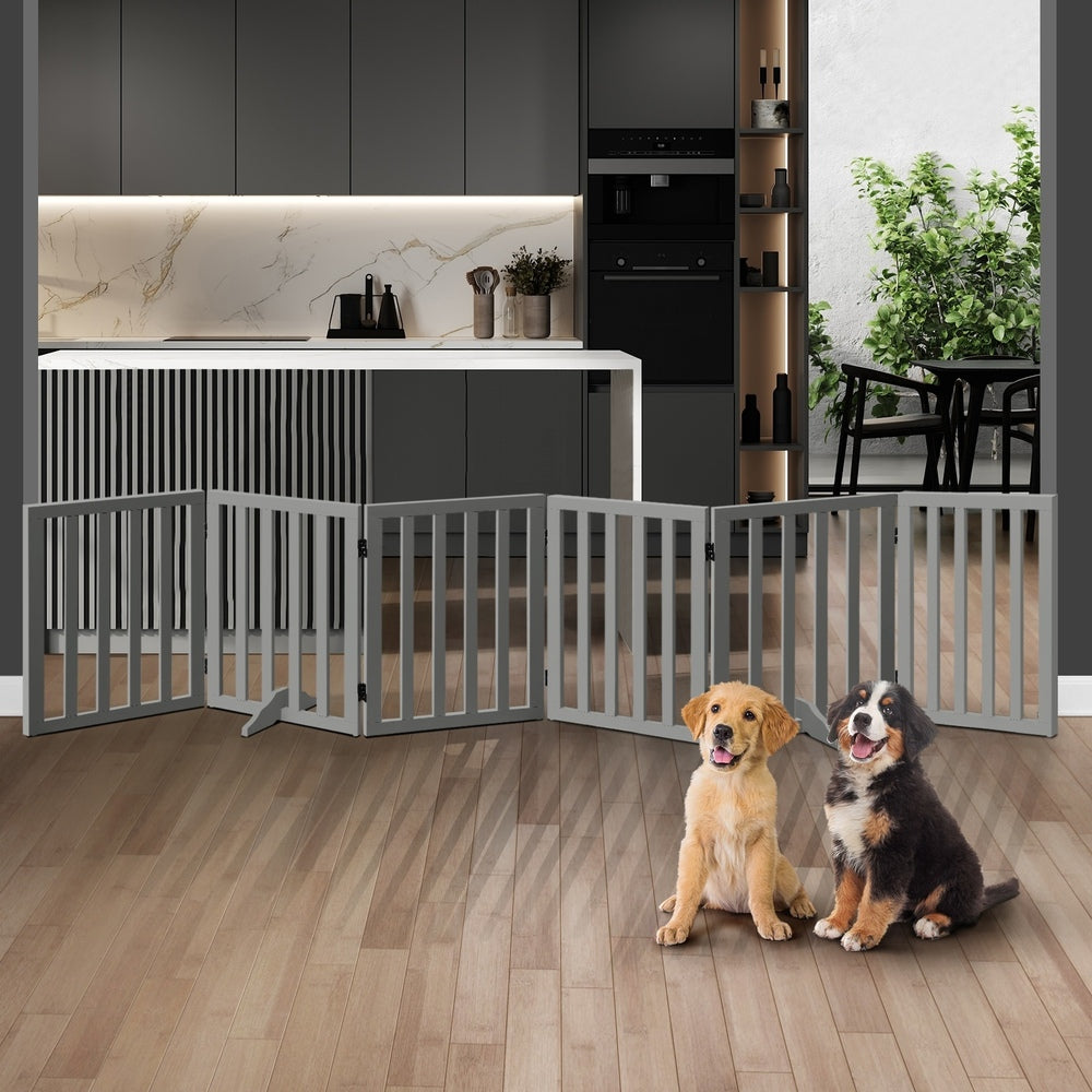 Grey Wooden Pet Gate Safety Stair Barrier with 6 Panels